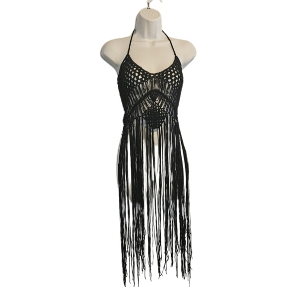 Crochet Swim Cover Up Black Open Back Fringe Boho Crop Top - Picture 9 of 16